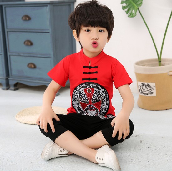 ชุดตรุษจีนเด็ก เสื้อแขนสั้น คอจีน สีแดง