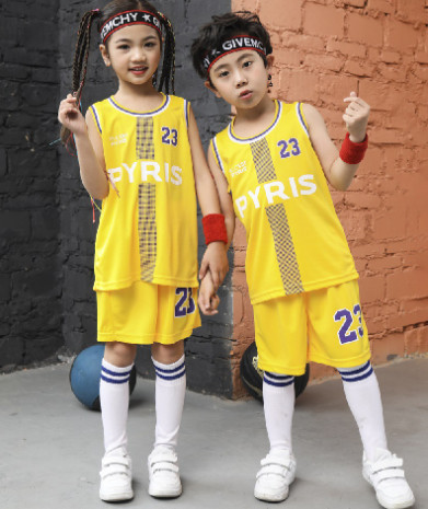 ชุดกีฬาเด็กโต ชุดบาสเด็ก ลาย PYRIS สีเหลือง