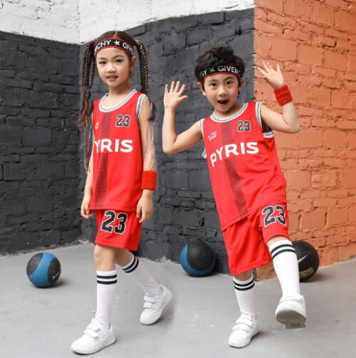ชุดกีฬาเด็กโต ชุดบาสเด็ก ลาย PYRIS สีแดง