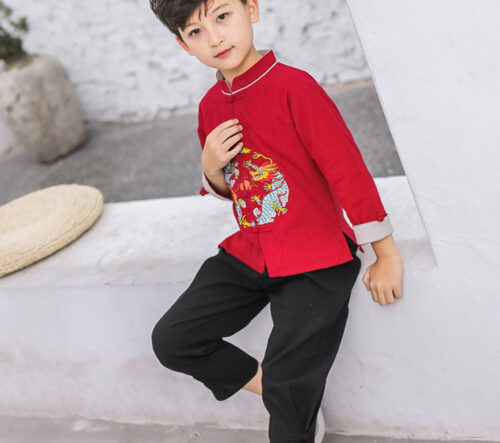 ชุดตรุษจีนเด็ก ชุดจีนเด็ก เสื้อคอจีนแขนยาว ปักมังกร