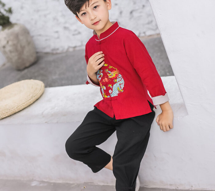 ชุดตรุษจีนเด็ก ชุดจีนเด็ก เสื้อคอจีนแขนยาว ปักมังกร