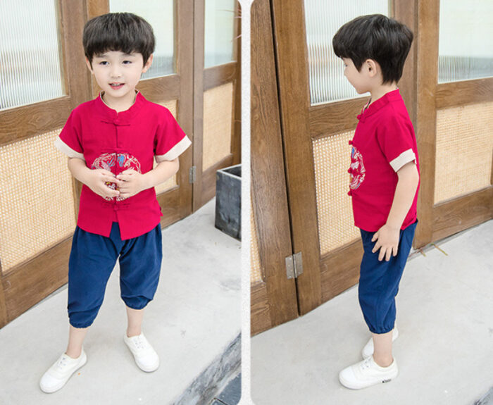 ชุดตรุษจีนเด็ก ชุดจีนเด็ก เสื้อคอจีนแขนสั้น ปักนก สีแดง พร้อมกางเกง สีกรม