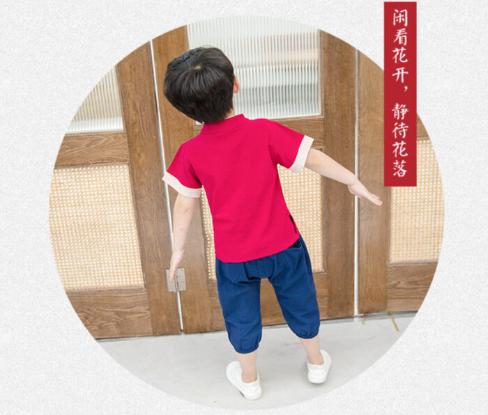 ชุดตรุษจีนเด็ก ชุดจีนเด็ก เสื้อคอจีนแขนสั้น ปักนก สีแดง พร้อมกางเกง สีกรม