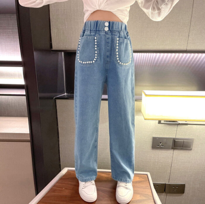 กางเกงยีนส์ขายาวเด็กโต กางเกงยีนส์แฟชั่นเกาหลี เอวยางยืด กางเกงยีนส์เอวสูงเด็ก ขากระบอก แต่งมุก สียีนส์อ่อน