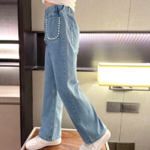 กางเกงยีนส์ขายาวเด็กโต กางเกงยีนส์แฟชั่นเกาหลี เอวยางยืด กางเกงยีนส์เอวสูงเด็ก ขากระบอก แต่งมุก สียีนส์อ่อน