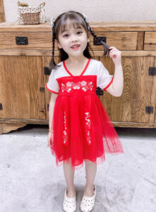 ชุดตรุษจีนเด็ก ชุดเดรสจีน ชุดนางฟ้าจีนโบราณ ชุดฮั่นฝูเด็กหญิง แขนสั้น ปักดอกไม้ สีขาวแดง